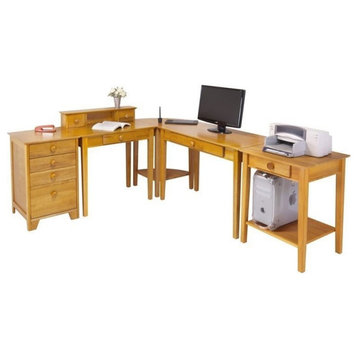 Pemberly Row 5-Piece Transitional Solid Wood Home Office Set in Honey Brown
