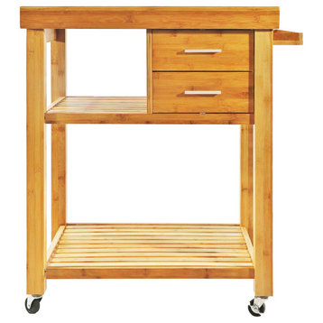 Rolling Bamboo Wood Kitchen Island Cart Trolley, Cabinet w/ Towel Rack & Drawers