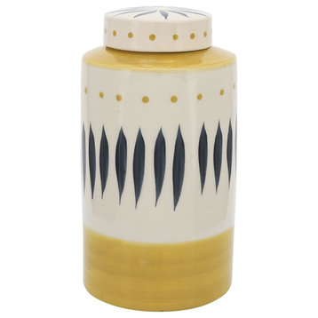Cer, 10"h Tribal Jar W/ Lid, Yellow