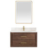 Cristo Floating Bath Vanity With Stone Top, Aged Dark Brown Oak, 36in., With Mirror