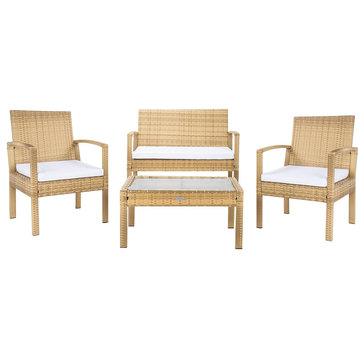 Patio Set, Faux Rattan Frame, Cushioned Seat and Coffee Table, Natural/White
