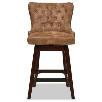 Holmes 27" Tufted High-Back 360 Swivel Counter-Height Barstool, Tan Brown Faux Leather