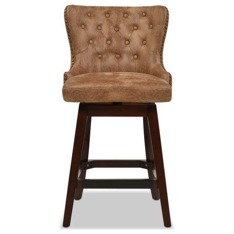 Holmes 27" Tufted High-Back 360 Swivel Counter-Height Barstool, Tan Brown Faux Leather
