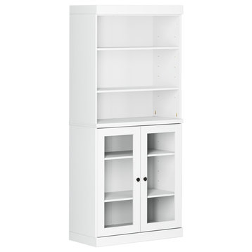 100% Solid Wood 32"Wx72"H Bookcase With Glass Doors, White