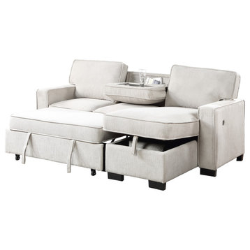 Estelle Reversible Sleeper Sectional w/ Storage Chaise Cup Holders USB Ports, Beige