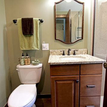 Small Bathroom Remodel with Cultured Marble Shower, Granite Countertops,