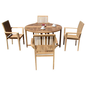 5-Piece Teak Dining Set, 48" Round Butterfly Table, 4 Lua Stacking Arm Chairs