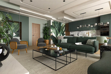 Cette image montre un salon blanc et bois design de taille moyenne avec un mur vert, parquet clair, un téléviseur fixé au mur, un sol marron et éclairage.