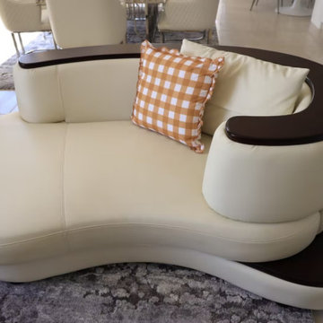 Top-down Shot of Curved Sofa & Living Room Soft Outfit Matching
