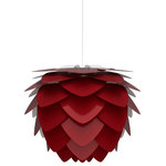 UMAGE - Aluvia Plug-In Pendant, Medium, Ruby/White - Modern. Elegant. Striking. The VITA Aluvia is an artistic assemblage of 60 precision-cut aluminum leaves, overlapping each other on a durable polycarbonate frame. These metal leaves surround the light source, emitting glare-free, ambient light.  The underside of each leaf is painted white for increased light reflection, and the exterior is finished in one of six designer colors. Available in two sizes, the Medium (18.9"h x 23.3"w) can be used as a pendant or hanging wall lamp, while the Mini (11.8"h x 15.7"w) is available as a pendant, table lamp, floor lamp or hanging wall lamp. Hang it over the dining table, position it in a corner, or use as a statement piece anywhere; the Aluvia makes an artistic impact in any room.