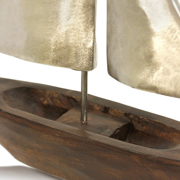 Large Pewter Sails, Natural Stained Wood Base Boat Sculpture, Pewter Metal Sails