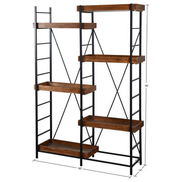 Tri Industrial Bookcase Black Metal Finish With Mahogany Wood