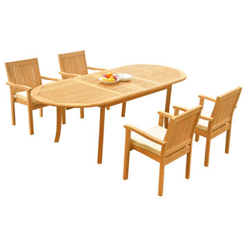 5-Piece Outdoor Teak Dining Set: 94" Oval Table, 4 Leveb Stacking Arm Chairs