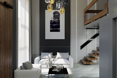 Идея дизайна: открытая гостиная комната среднего размера в стиле модернизм с серыми стенами, полом из керамогранита, телевизором на стене и серым полом