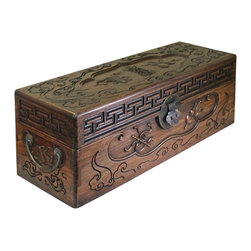 Chinese Huali Rosewood Light Brown Rectangular Motif Storage Box - Decorative Boxes
