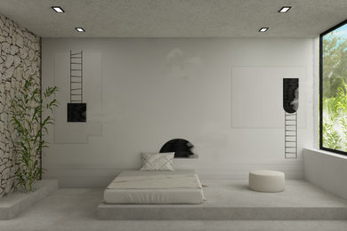 Foto de dormitorio infantil actual de tamaño medio con paredes blancas, suelo de cemento, suelo gris, papel pintado y papel pintado