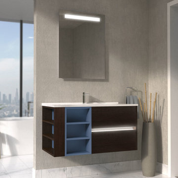 Carolyn Floating Vanity Set With LED, Dark Walnut and Slate Blue, 39"