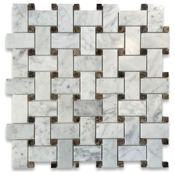 White Carrera Marble Basketweave Mosaic Tile Brown Dots Polished, 1 sheet