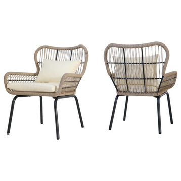 GDF Studio Kimberley Outdoor Steel and Rope Club Chairs With Cushioned, Set of 2, Brown/Beige