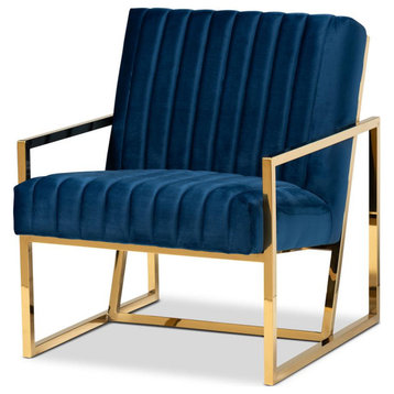 Luxe and Glam Royal Blue Velvet Fabric Upholstered and Gold Finished Living...