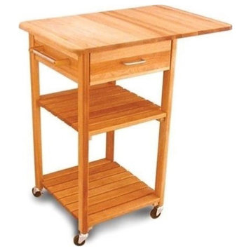 Pemberly Row Drop Leaf Butcher Block Kitchen Cart in Natural Finish