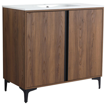 Single Vanity, Brown Walnut Finish With Solid Surface Resin White Sink, 36"