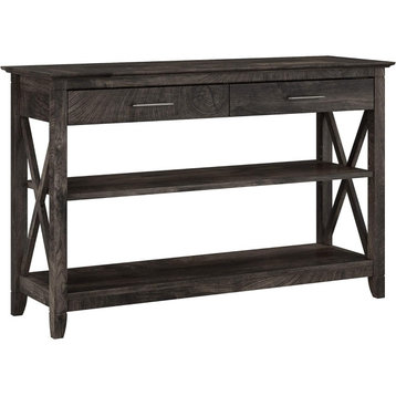 Farmhouse Console Table, X-Shaped Sides & Upper Drawers, Dark Gray Hickory