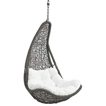 Hanging Porch Swing, Tear Drop Shaped Wicker Frame With White Tufted Cushion