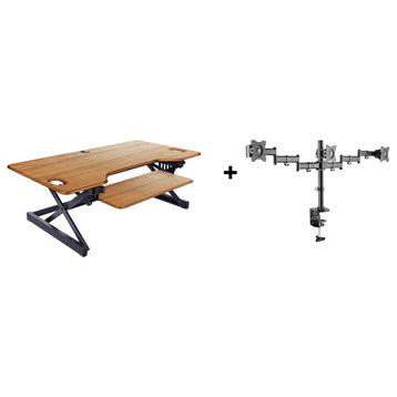 46" Large Adjustable Standing Desk Converter/Triple Monitor Mount Bundle - Teak