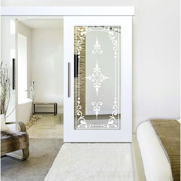 Mirror Sliding Barn Door with Victorian Frosted Designs, 2x Mirror, 28"x84"inche