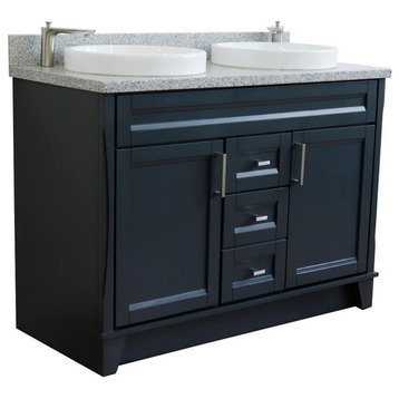 48" Double Sink Vanity, Dark Gray Finish With Gray Granite And Round Sink