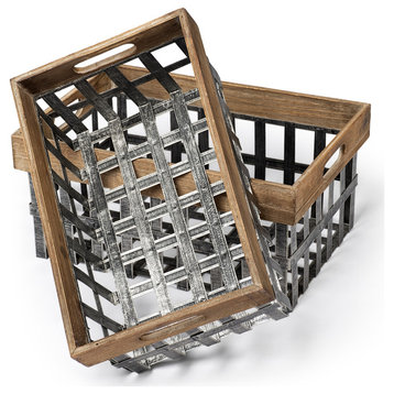 Chartrand Brown Wood & Silver Metal Baskets (Set of 2)