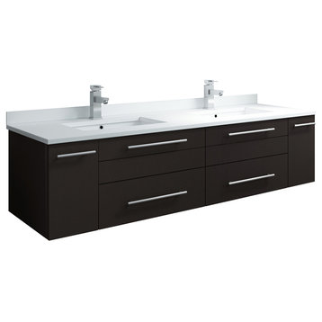 Lucera Wall Hung Cabinet With Top & Double Undermount Sinks, Espresso, 60"