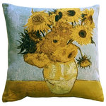 Pillow Decor Ltd. - Pillow Decor - Van Gogh Sunflowers 19 x 19 Throw Pillow - This is a beautiful reproduction of Van Gogh's famous, Vase with Twelve Sunflowers, painting in pillow form. Whether you are an art aficionado or not, you are sure to appreciate the fine detailing of this tapestry pillow. Imported from France, it offers a lively and detailed depiction of the famous painting. The sunny yellows of the sunflowers and watery blues of the background are beautifully rendered in tapestry form. Of particular note is the artist's humble signature on the side of the vase which reads simply, "Vincent". This pillow will add color, texture and interest to your home. This is an original and interesting way to bring art into your space.
