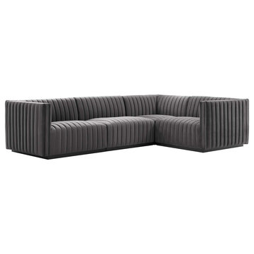 Conjure Channel Tufted Performance Velvet 4-Piece Sectional, Black Gray