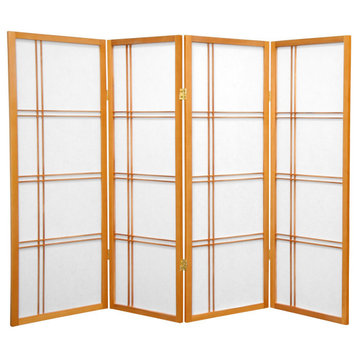 Modern Room Divider, Japanese Inspired With Double Cross Lattice Panels, Honey