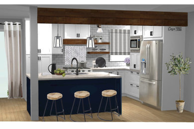 Mid-sized farmhouse l-shaped light wood floor and beige floor eat-in kitchen photo with an undermount sink, shaker cabinets, blue cabinets, quartzite countertops, white backsplash, glass tile backsplash, stainless steel appliances, an island and white countertops