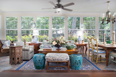 Design ideas for a large traditional sunroom in Orange County with ceramic floors.