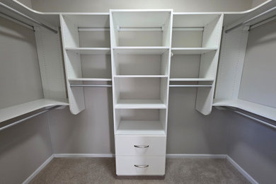 Mid-sized transitional carpeted and beige floor walk-in closet photo in Cleveland with flat-panel cabinets and white cabinets