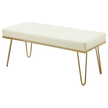 Contemporary Accent Bench, Hairpin Golden Legs With Grain PU Leather Seat, Cream