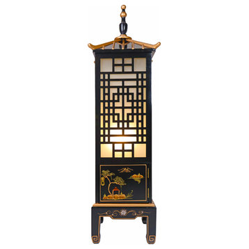 48"H Wooden Chinese Pagoda Lamp Hand Painted With Asian Landscape