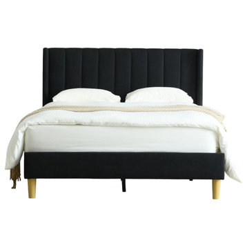 Modern Platform Bed, Flannel Upholstered Wingback Headboard, Black/Full