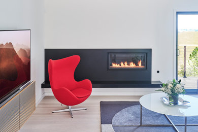 Example of a mid-sized danish formal and enclosed light wood floor living room design in San Francisco with white walls, a standard fireplace, a metal fireplace and a tv stand