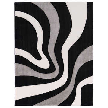 Modern Area Rug With Wave Pattern, Black White, 2'8"x4'11"