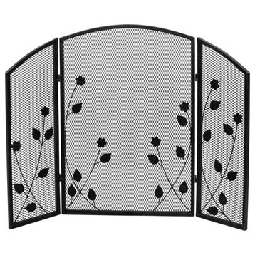 Jenna Modern Iron Fire Screen With Leaf Accents, Black Silver Finish