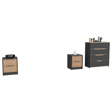 Blaine 3-Piece Bedroom Set, 2 Nightstands and Dresser, Black/Pine/Light Oak