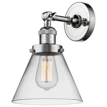 Large Cone 1-Light Sconce, Clear Glass, Polished Chrome