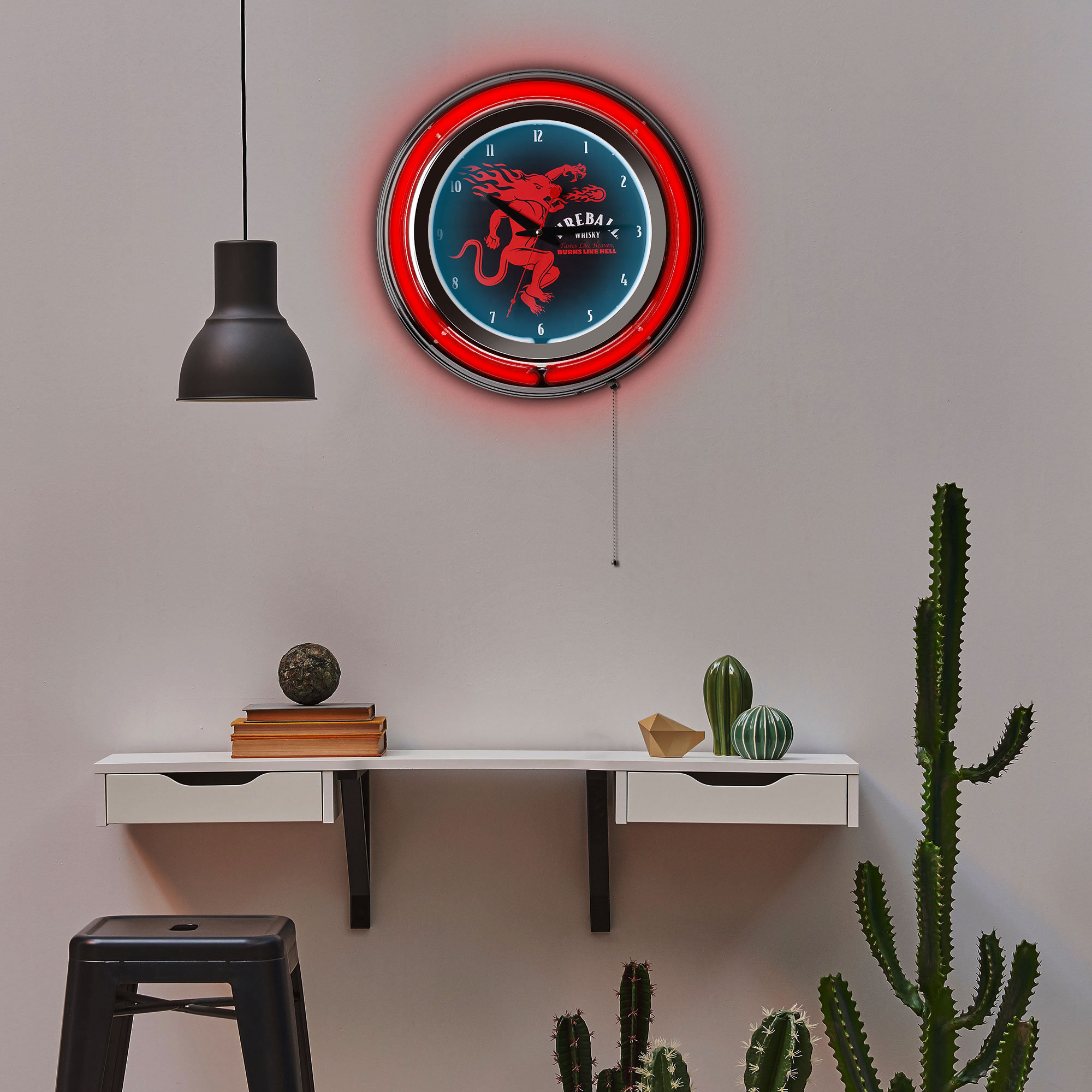Fireball Retro Round Neon Wall Analog Clock with Pull Chain, 14.5 ...