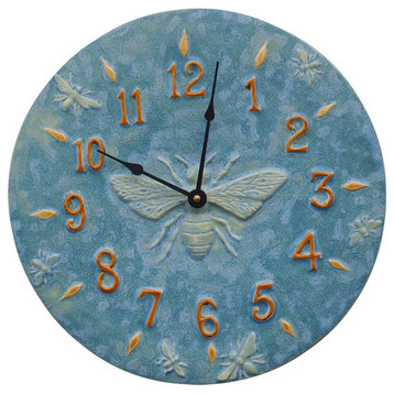 Honeybee Ceramic Art Wall Clock in Turquoise Blue, 13" diameter
