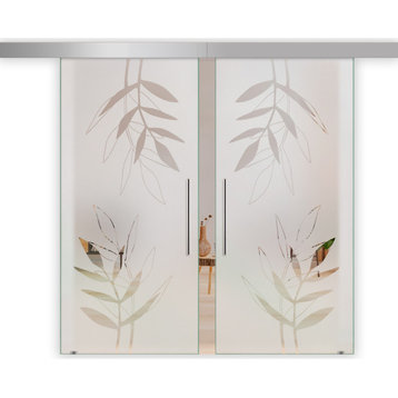 Double Sliding Glass Door With Frosted Design ALU10, Semi-Private, 2x28"x81" (56"x81")